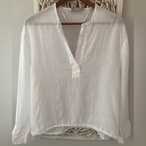 ❗️out of stock❗️ZARA linen popover henley blouse long sleeve shirt top - Picture 4 of 8